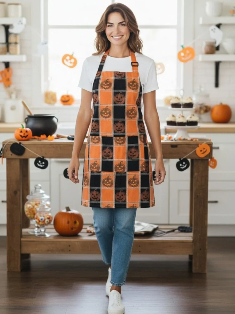 Halloween Pumpkin Jack-O'-Lantern Plaid Apron Orange Black Check
